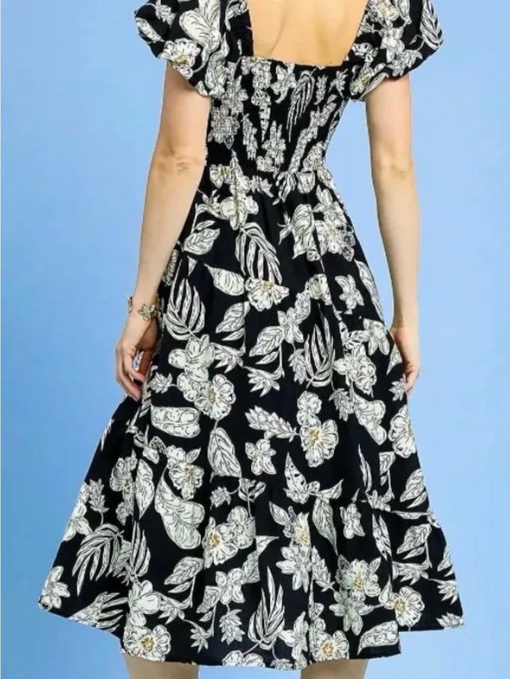 Black Floral Midi Dress with Puff Sleeves - Picture 2 of 5